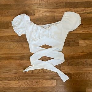 White Cropped Tie Blouse